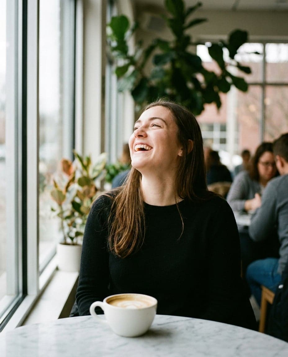 A young woman laughing by a cafe window