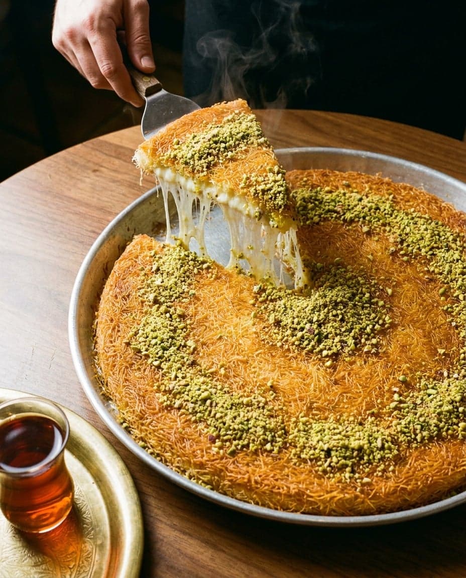 A tray of kunafa with a slice being lifted